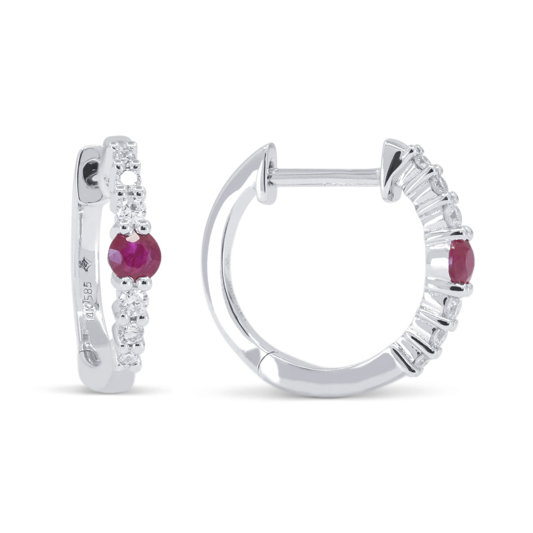 Beautiful Hand Crafted 14K White Gold  Ruby And Diamond Arianna Collection Hoop Earrings With A Hoop Closure