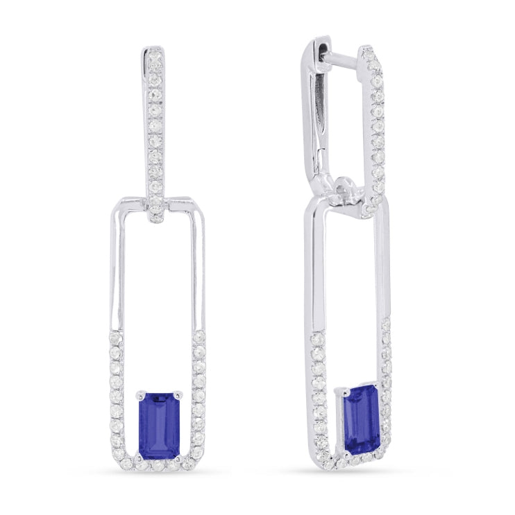 Beautiful Hand Crafted 14K White Gold 3x5MM Created Sapphire And Diamond Essentials Collection Drop Dangle Earrings With A Lever Back Closure