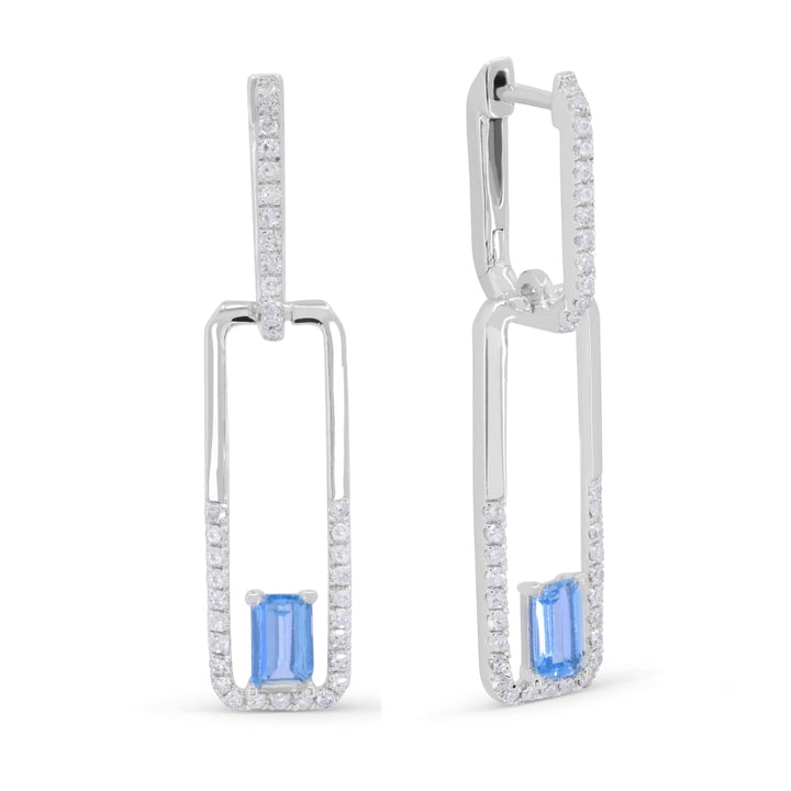 Beautiful Hand Crafted 14K White Gold 3x5MM Blue Topaz And Diamond Essentials Collection Drop Dangle Earrings With A Lever Back Closure