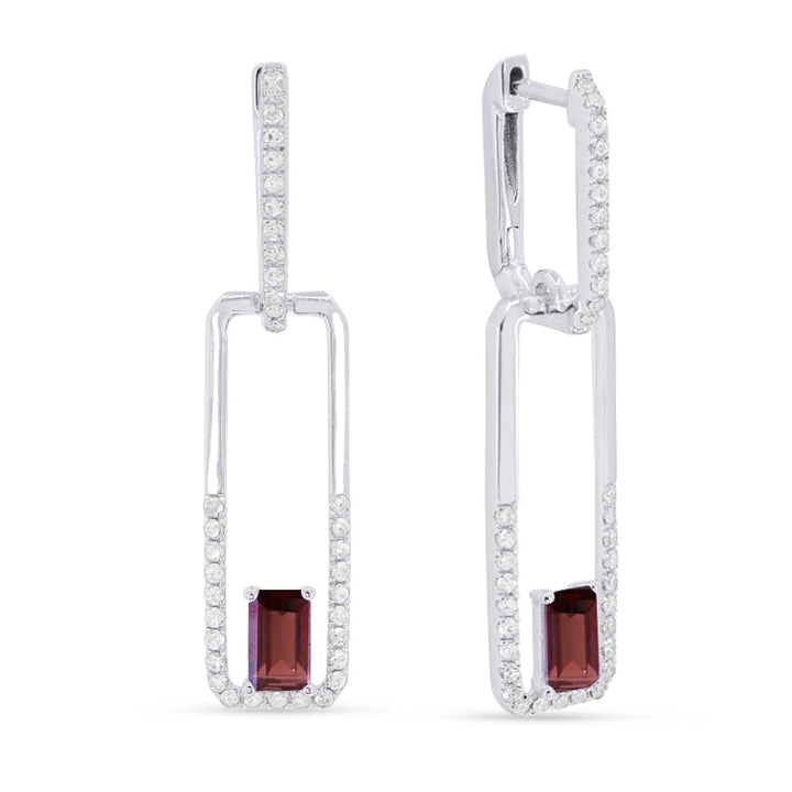 Beautiful Hand Crafted 14K White Gold 3x5MM Garnet And Diamond Essentials Collection Drop Dangle Earrings With A Lever Back Closure