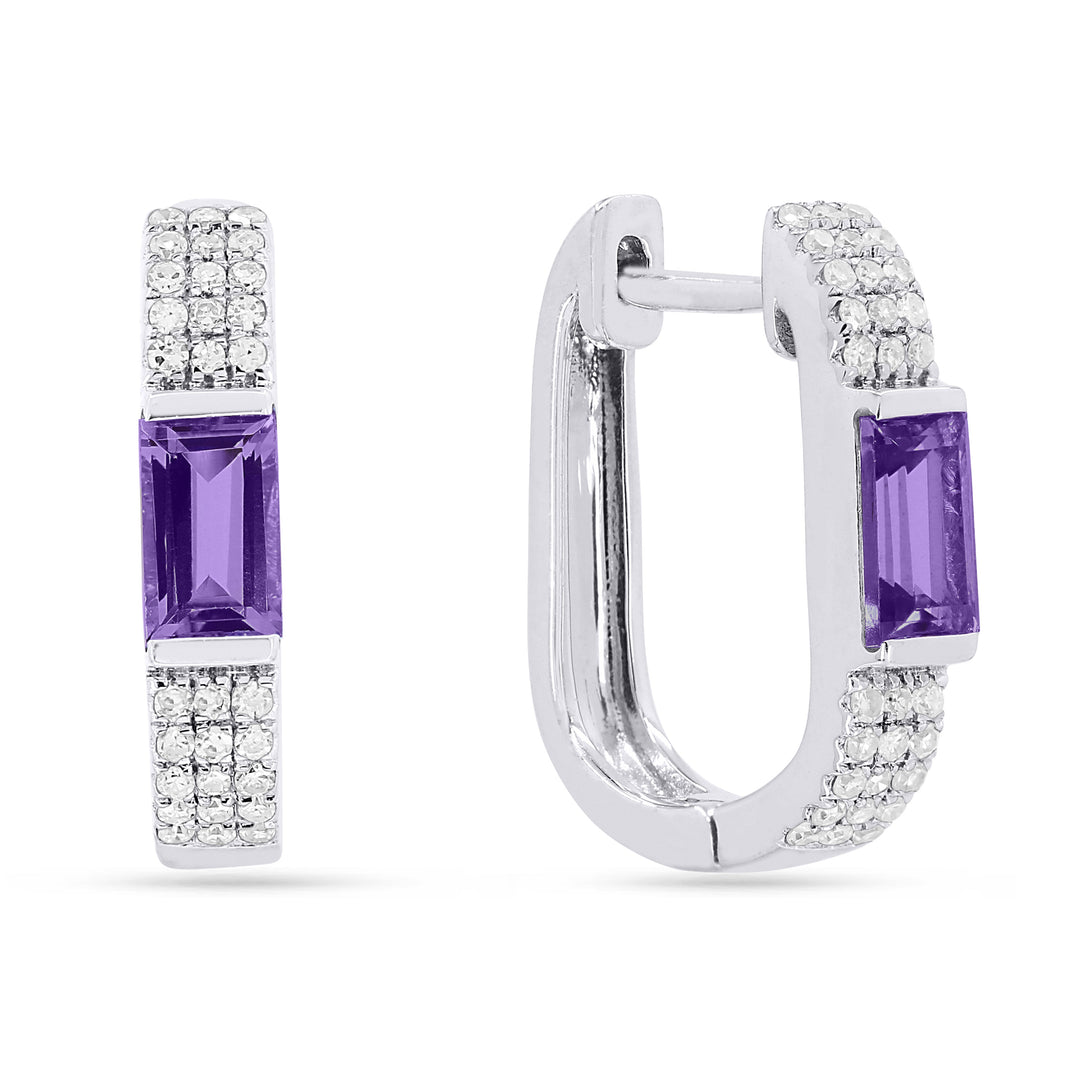 Beautiful Hand Crafted 14K White Gold 3x5MM Amethyst And Diamond Essentials Collection Hoop Earrings With A Hoop Closure