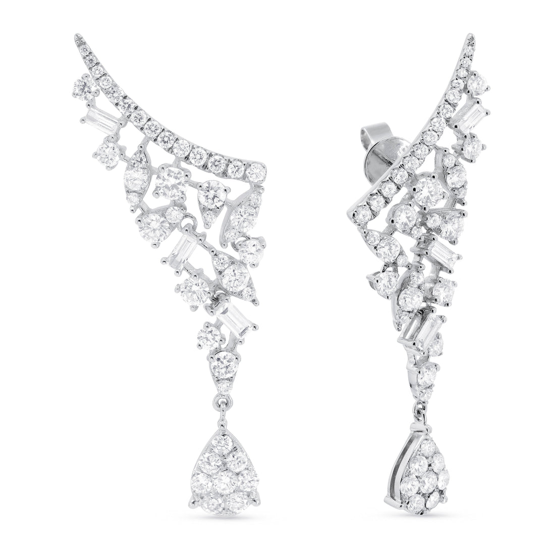 Beautiful Hand Crafted 14K White Gold White Diamond Lumina Collection Ear Climber Earrings With A Push Back Closure
