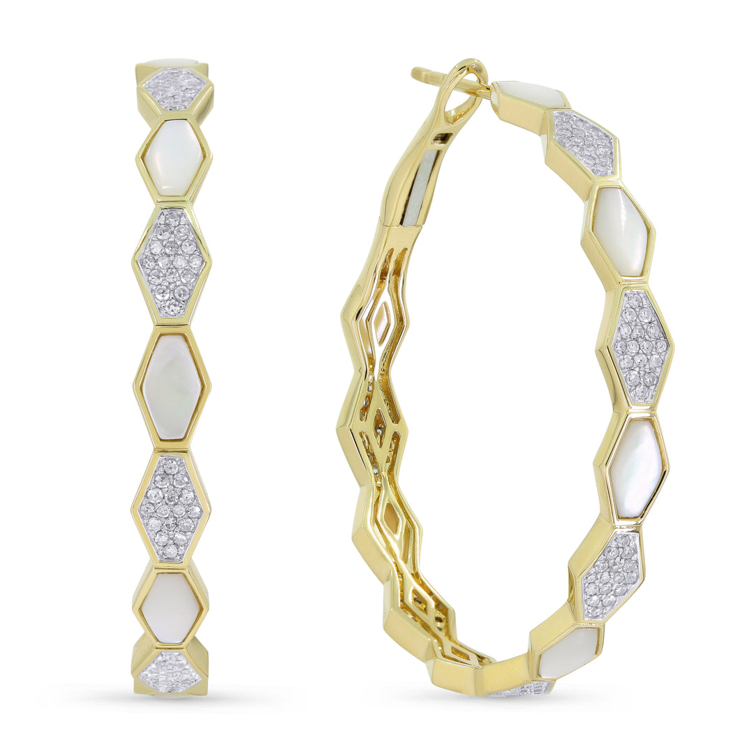 Beautiful Hand Crafted 14K Yellow Gold  Mother Of Pearl And Diamond Milano Collection Hoop Earrings With A Hoop Closure