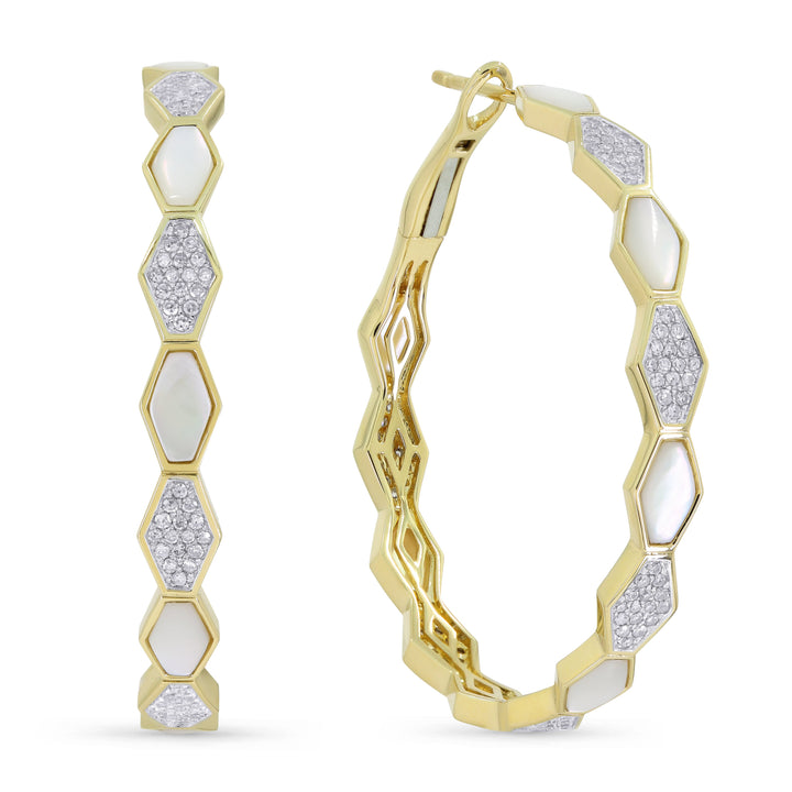 Beautiful Hand Crafted 14K Yellow Gold  Mother Of Pearl And Diamond Milano Collection Hoop Earrings With A Hoop Closure