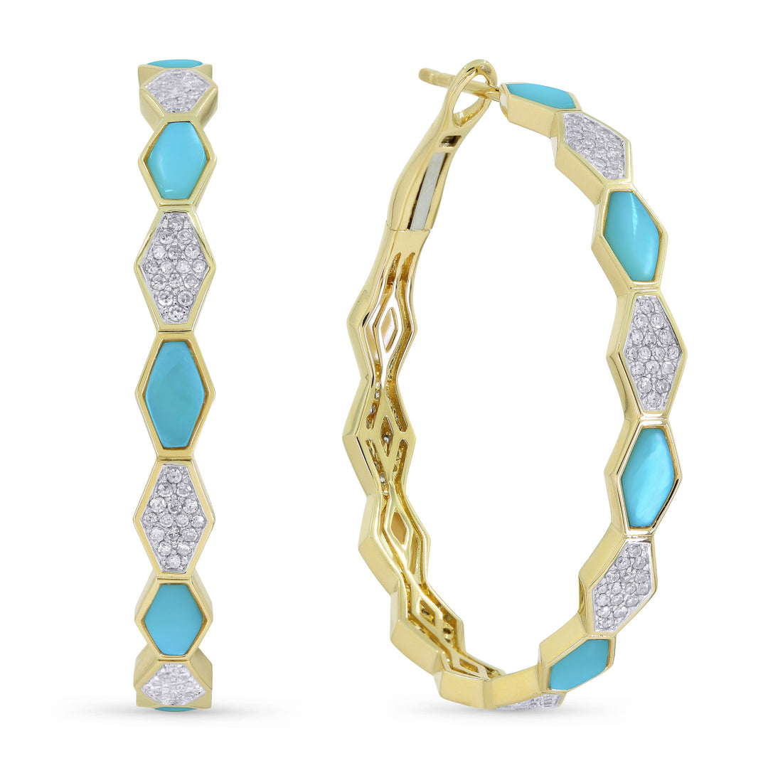 Beautiful Hand Crafted 14K Yellow Gold  Turquoise And Diamond Milano Collection Hoop Earrings With A Hoop Closure