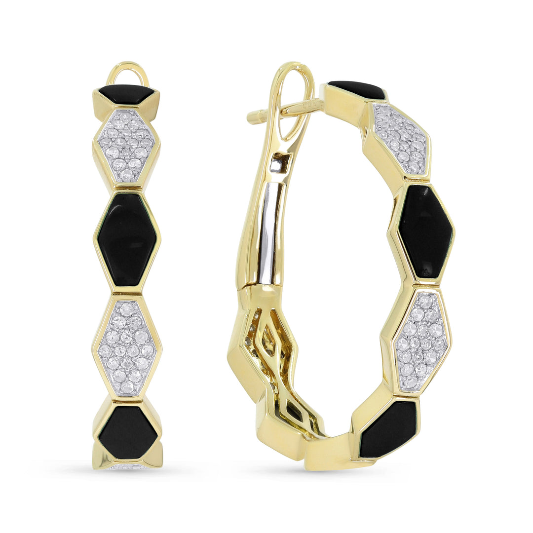 Beautiful Hand Crafted 14K Yellow Gold 25MM Black Onyx And Diamond Milano Collection Hoop Earrings With A Hoop Closure