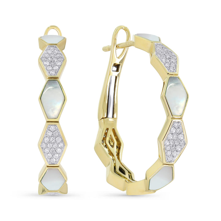 Beautiful Hand Crafted 14K Yellow Gold 25MM Mother Of Pearl And Diamond Milano Collection Hoop Earrings With A Hoop Closure