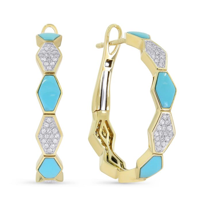 Beautiful Hand Crafted 14K Yellow Gold 25MM Turquoise And Diamond Milano Collection Hoop Earrings With A Hoop Closure