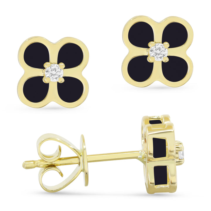 Beautiful Hand Crafted 14K Yellow Gold  Black Onyx And Diamond Milano Collection Stud Earrings With A Push Back Closure