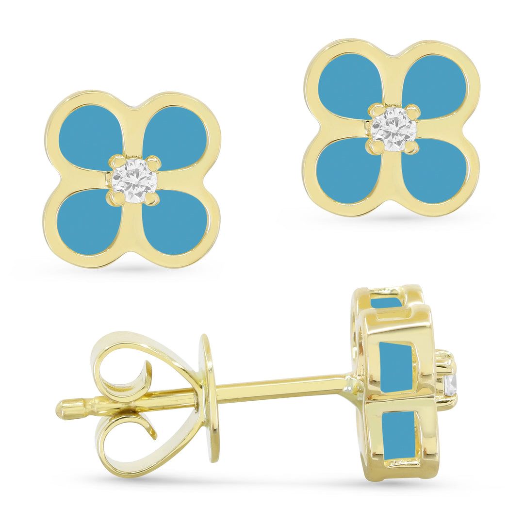 Beautiful Hand Crafted 14K Yellow Gold  Turquoise And Diamond Milano Collection Stud Earrings With A Push Back Closure