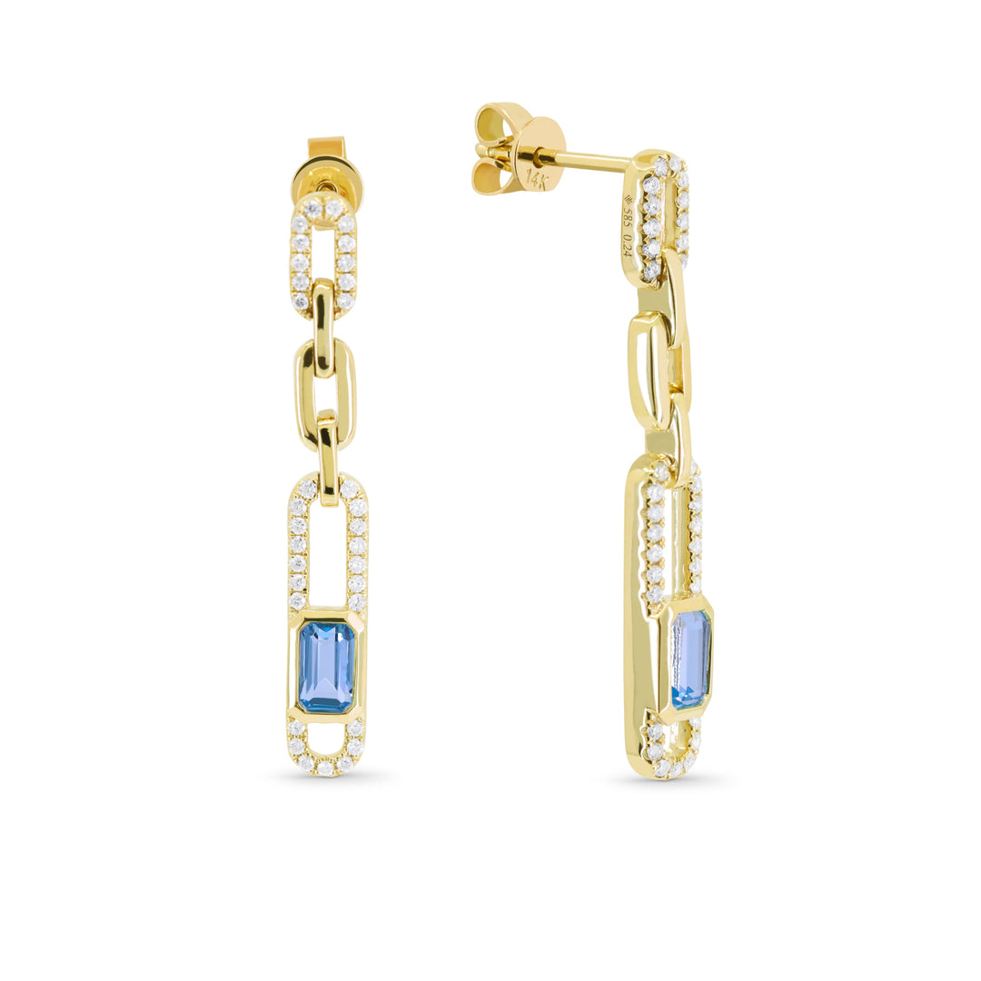 Beautiful Hand Crafted 14K Yellow Gold  Blue Topaz And Diamond Essentials Collection Drop Dangle Earrings With A Push Back Closure