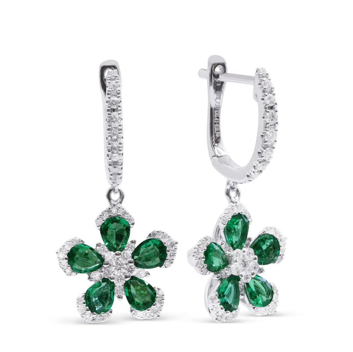 Beautiful Hand Crafted 18K White Gold  Emerald And Diamond Arianna Collection Drop Dangle Earrings With A Push Back Closure