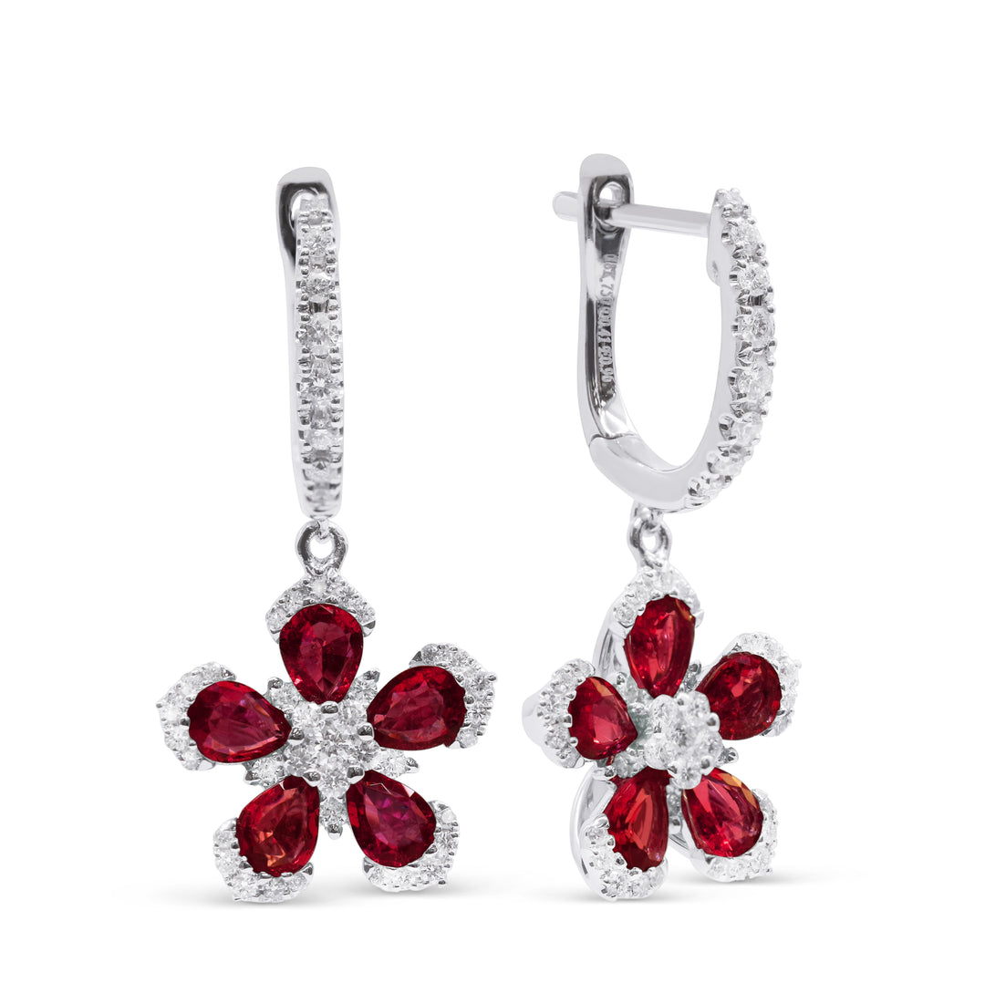 Beautiful Hand Crafted 18K White Gold  Ruby And Diamond Arianna Collection Drop Dangle Earrings With A Push Back Closure