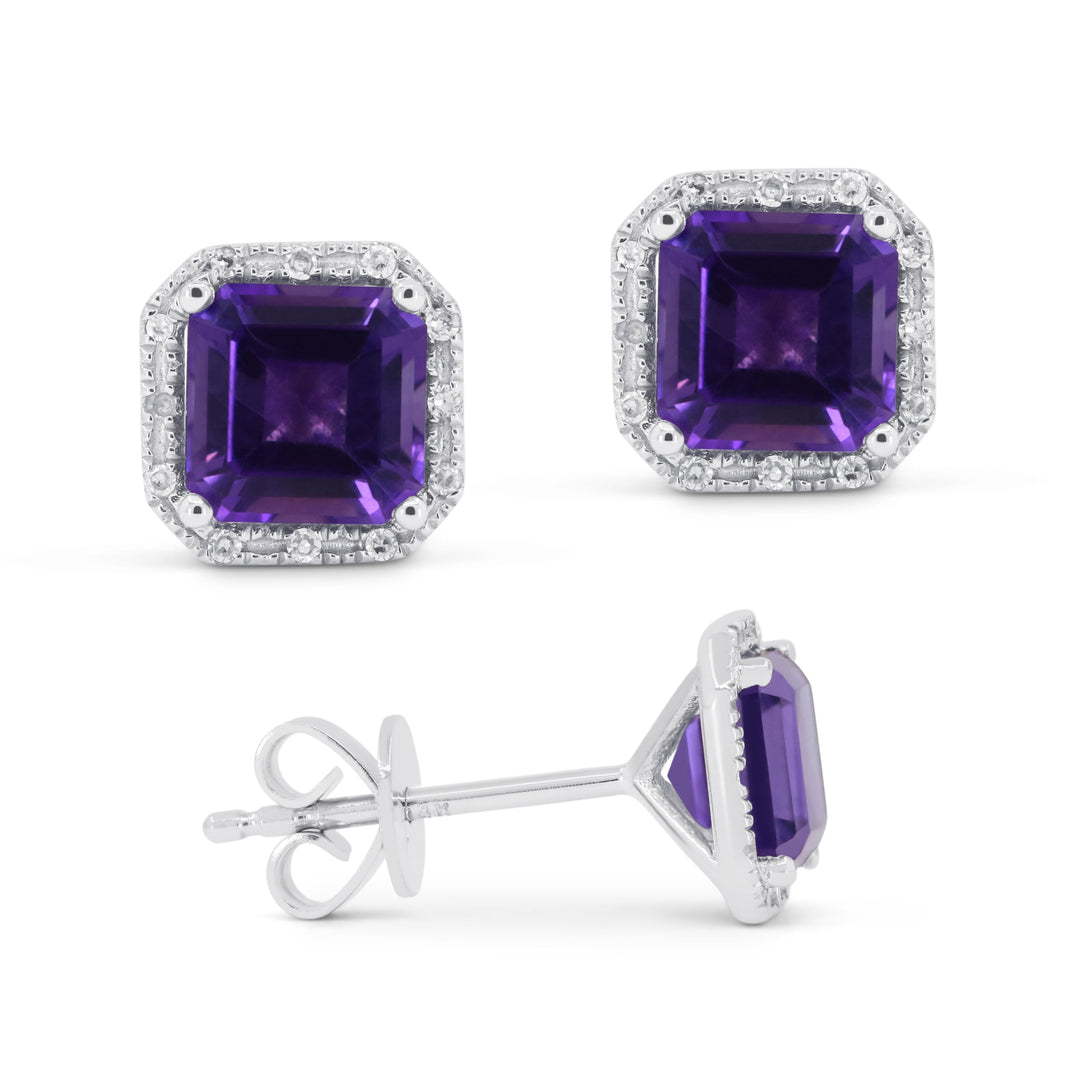 Beautiful Hand Crafted 14K White Gold 6MM Amethyst And Diamond Essentials Collection Stud Earrings With A Push Back Closure