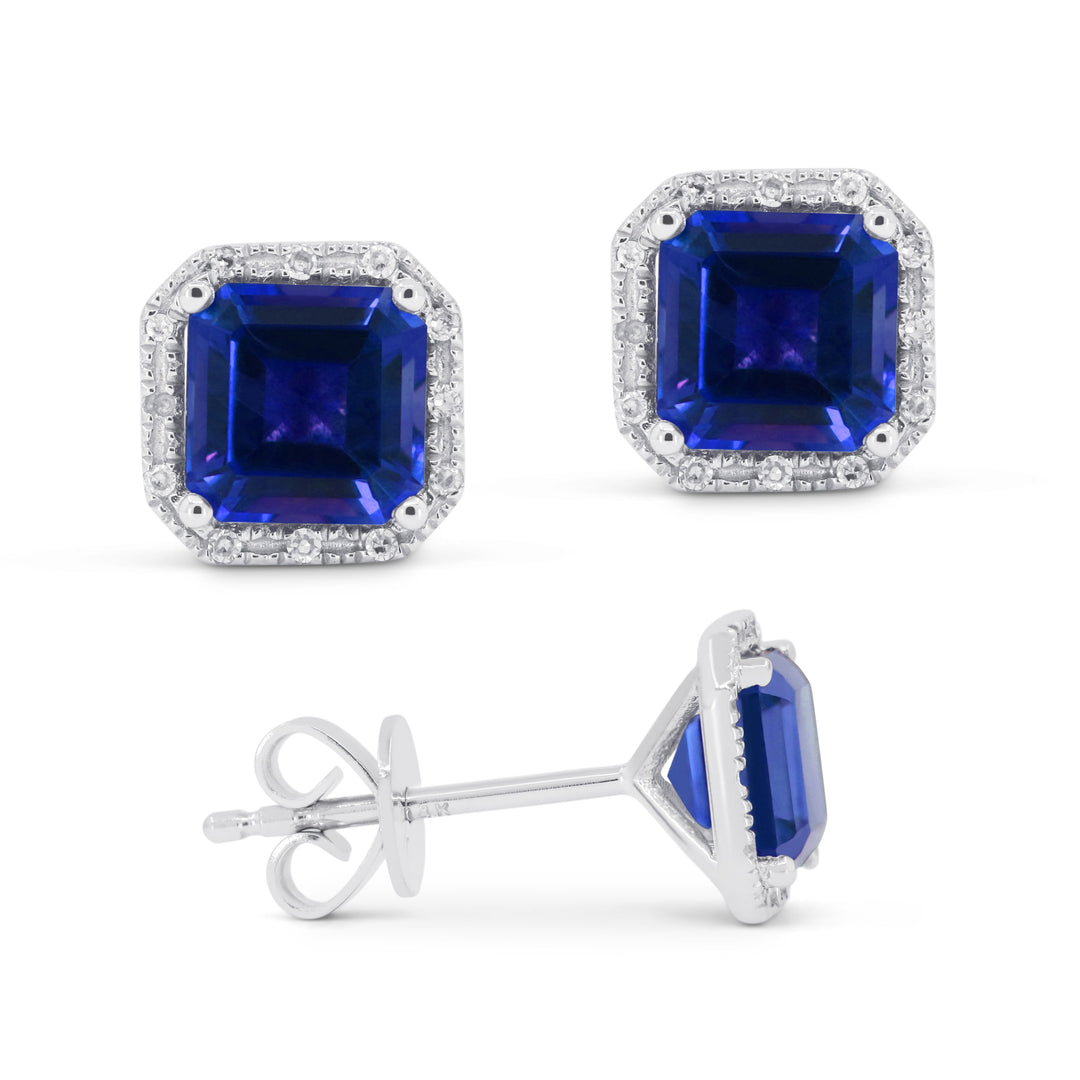 Beautiful Hand Crafted 14K White Gold 6MM Created Sapphire And Diamond Essentials Collection Stud Earrings With A Push Back Closure