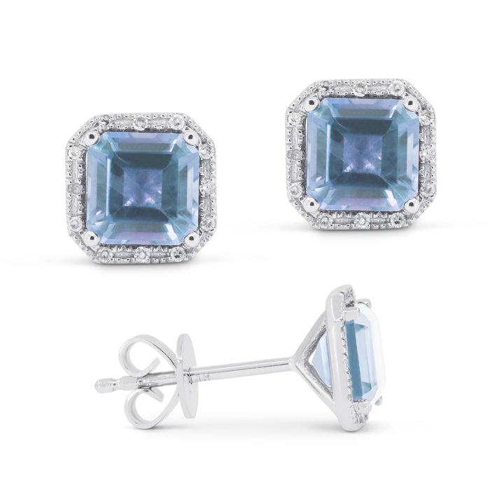 Beautiful Hand Crafted 14K White Gold 6MM Blue Topaz And Diamond Essentials Collection Stud Earrings With A Push Back Closure