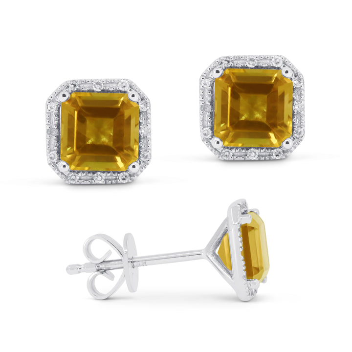 Beautiful Hand Crafted 14K White Gold 6MM Citrine And Diamond Essentials Collection Stud Earrings With A Push Back Closure
