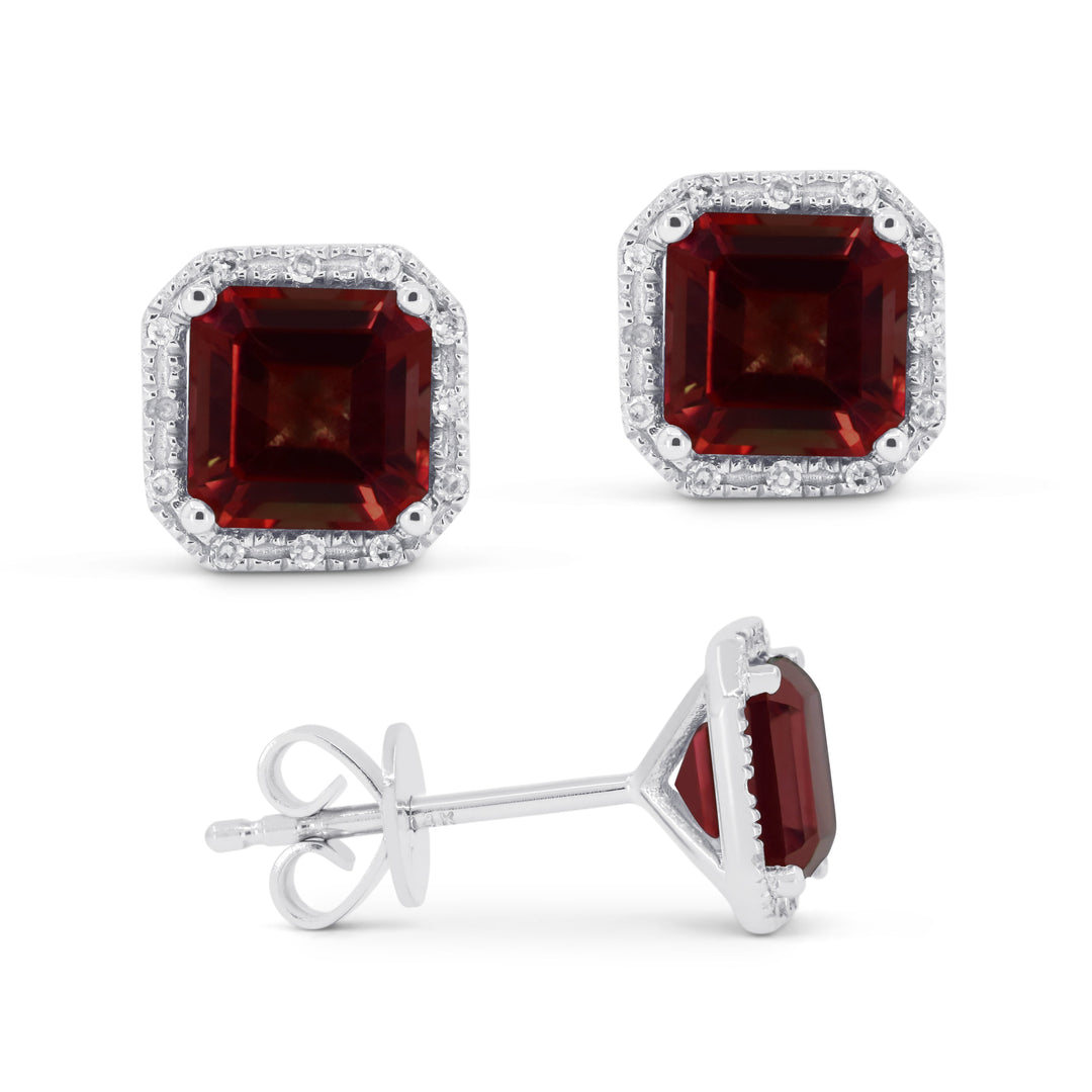 Beautiful Hand Crafted 14K White Gold 6MM Garnet And Diamond Essentials Collection Stud Earrings With A Push Back Closure