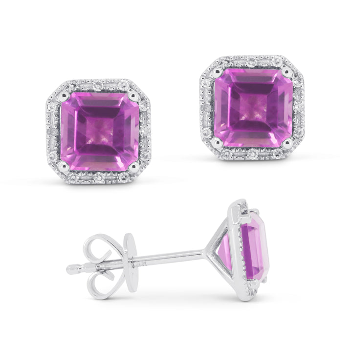 Beautiful Hand Crafted 14K White Gold 6MM Created Pink Sapphire And Diamond Essentials Collection Stud Earrings With A Push Back Closure