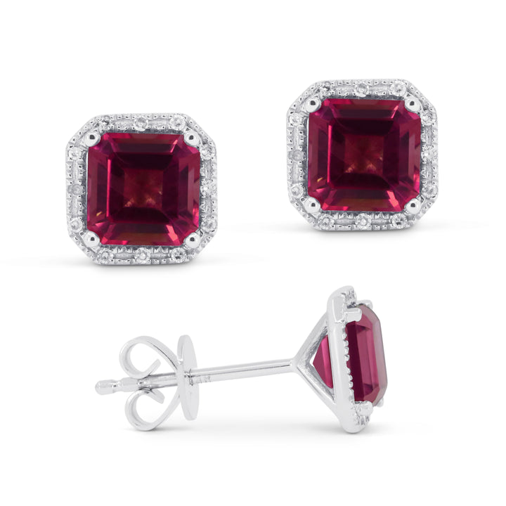 Beautiful Hand Crafted 14K White Gold 6MM Created Ruby And Diamond Essentials Collection Stud Earrings With A Push Back Closure