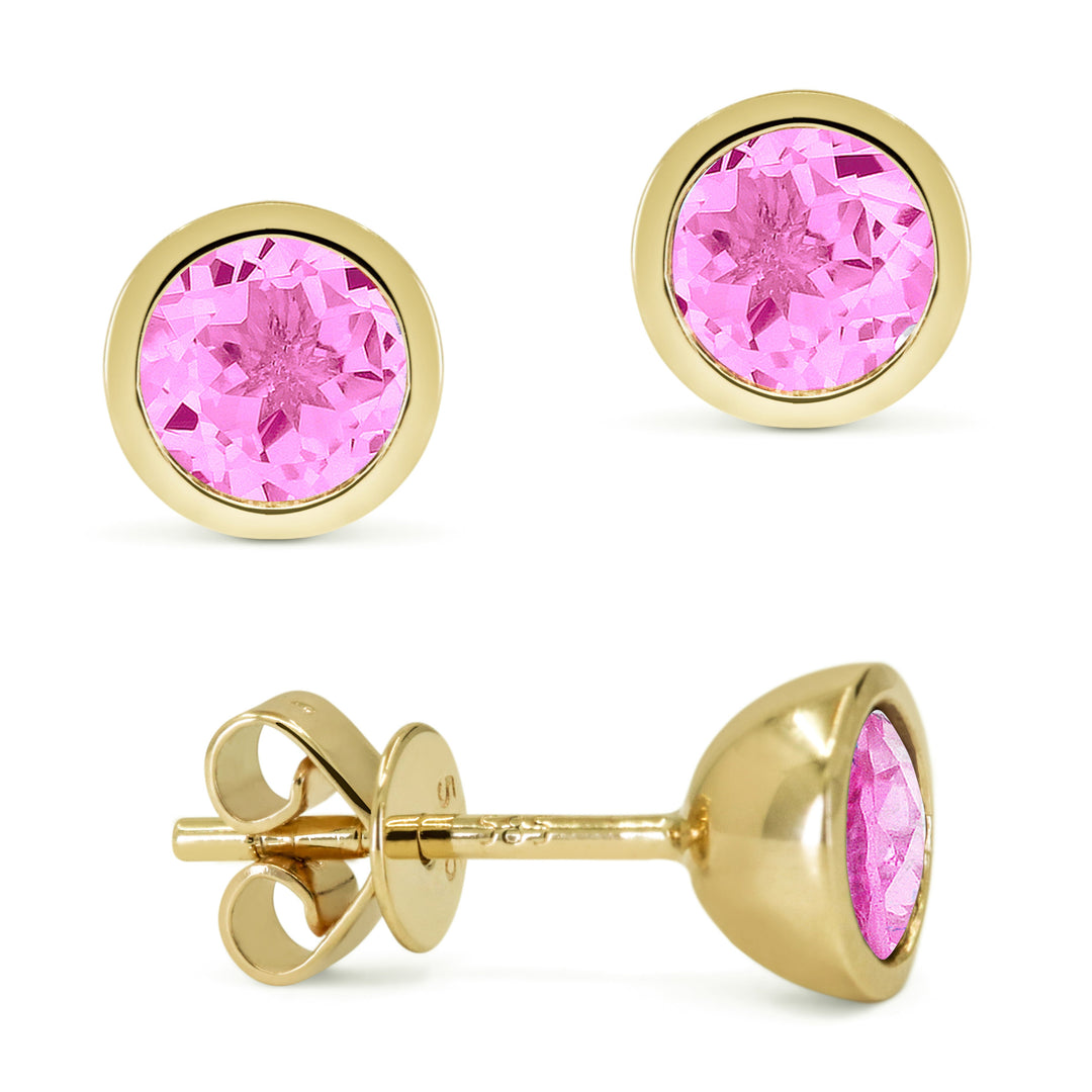 Beautiful Hand Crafted 14K Yellow Gold  Created Pink Sapphire And Diamond Essentials Collection Stud Earrings With A Push Back Closure