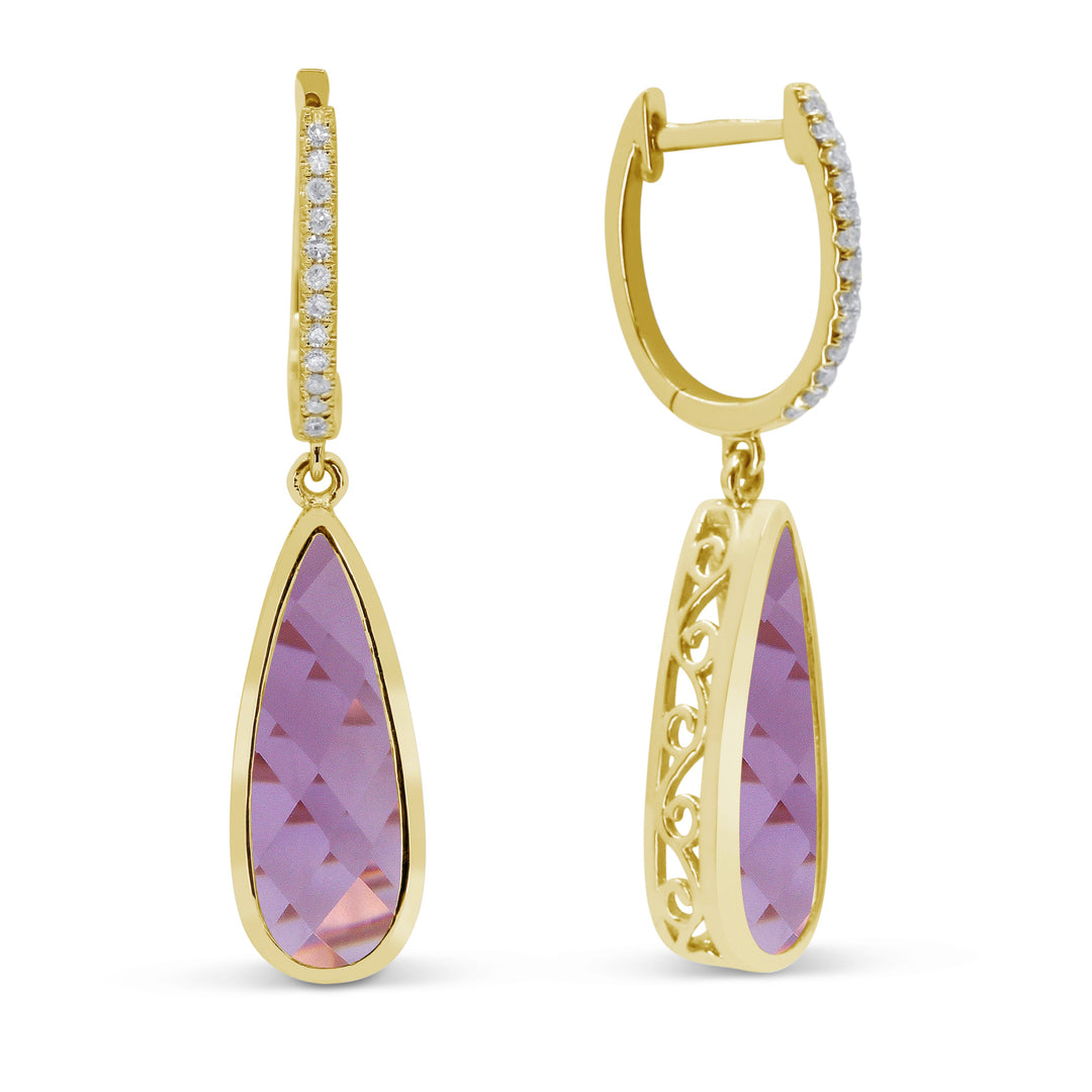 Beautiful Hand Crafted 14K Yellow Gold 5x15MM Amethyst And Diamond Essentials Collection Drop Dangle Earrings With A Lever Back Closure