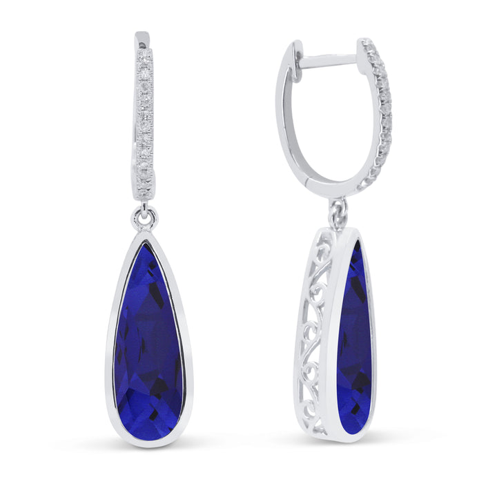 Beautiful Hand Crafted 14K White Gold 5x15MM Created Sapphire And Diamond Essentials Collection Drop Dangle Earrings With A Lever Back Closure