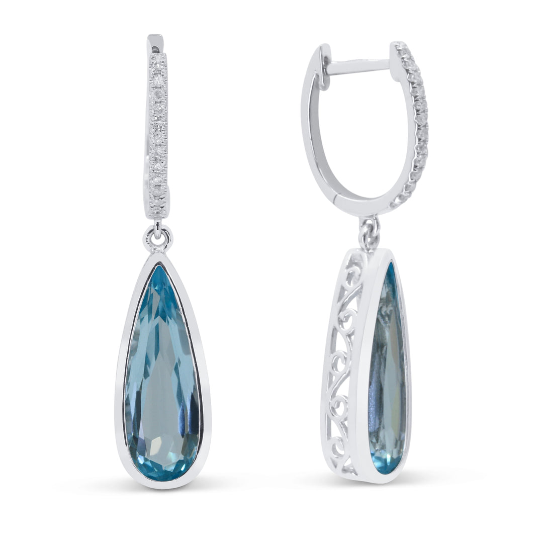 Beautiful Hand Crafted 14K White Gold 5x15MM Blue Topaz And Diamond Essentials Collection Drop Dangle Earrings With A Lever Back Closure