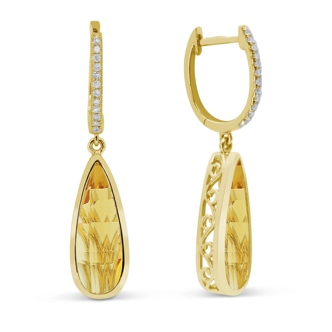 Beautiful Hand Crafted 14K Yellow Gold 5x15MM Citrine And Diamond Essentials Collection Drop Dangle Earrings With A Lever Back Closure