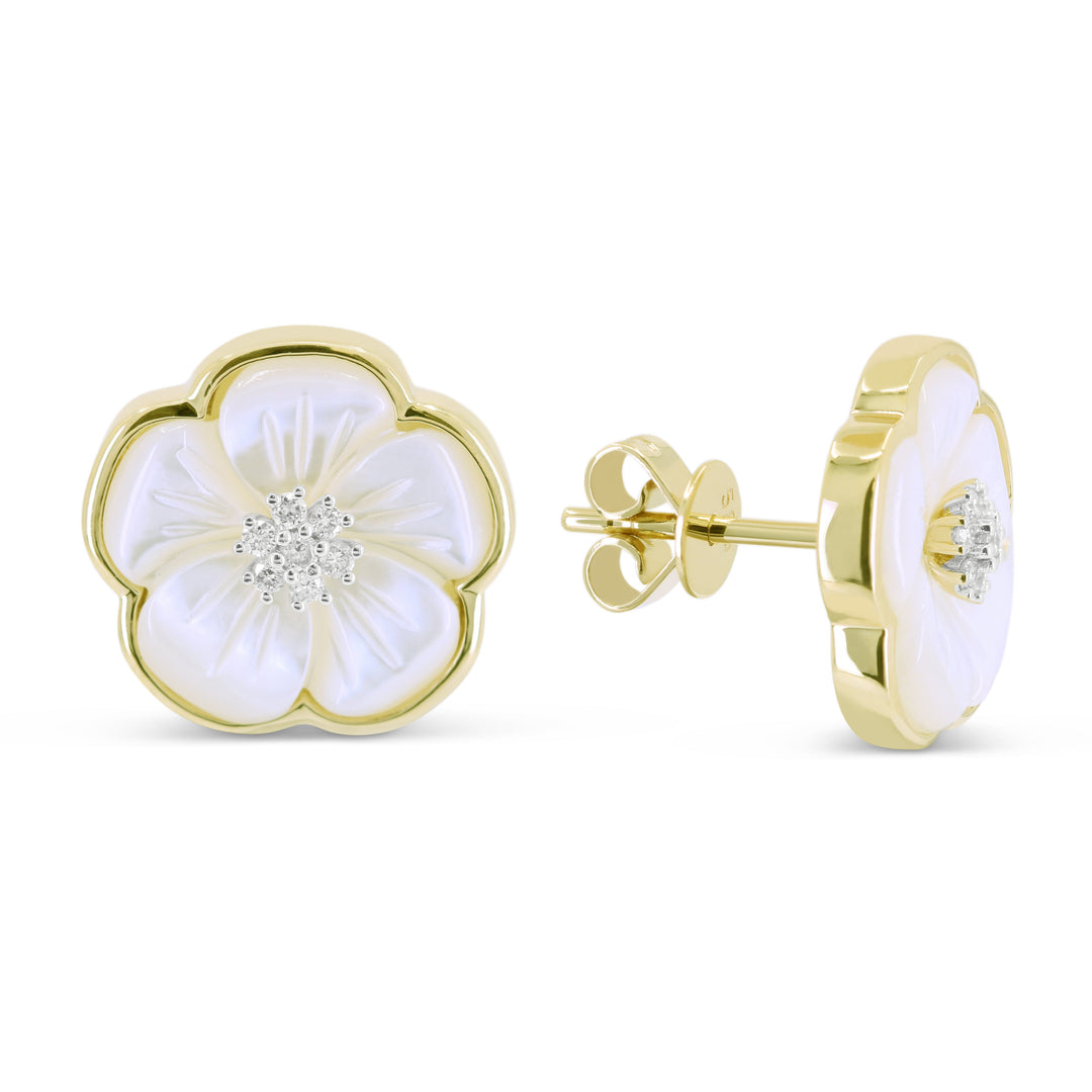 Beautiful Hand Crafted 14K Yellow Gold  Mother Of Pearl And Diamond Milano Collection Stud Earrings With A Push Back Closure