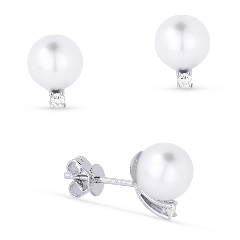 Beautiful Hand Crafted 14K White Gold 8MM Pearl And Diamond Essentials Collection Stud Earrings With A Push Back Closure