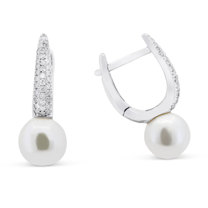 Beautiful Hand Crafted 14K White Gold 7MM Pearl And Diamond Essentials Collection Drop Dangle Earrings With A Lever Back Closure