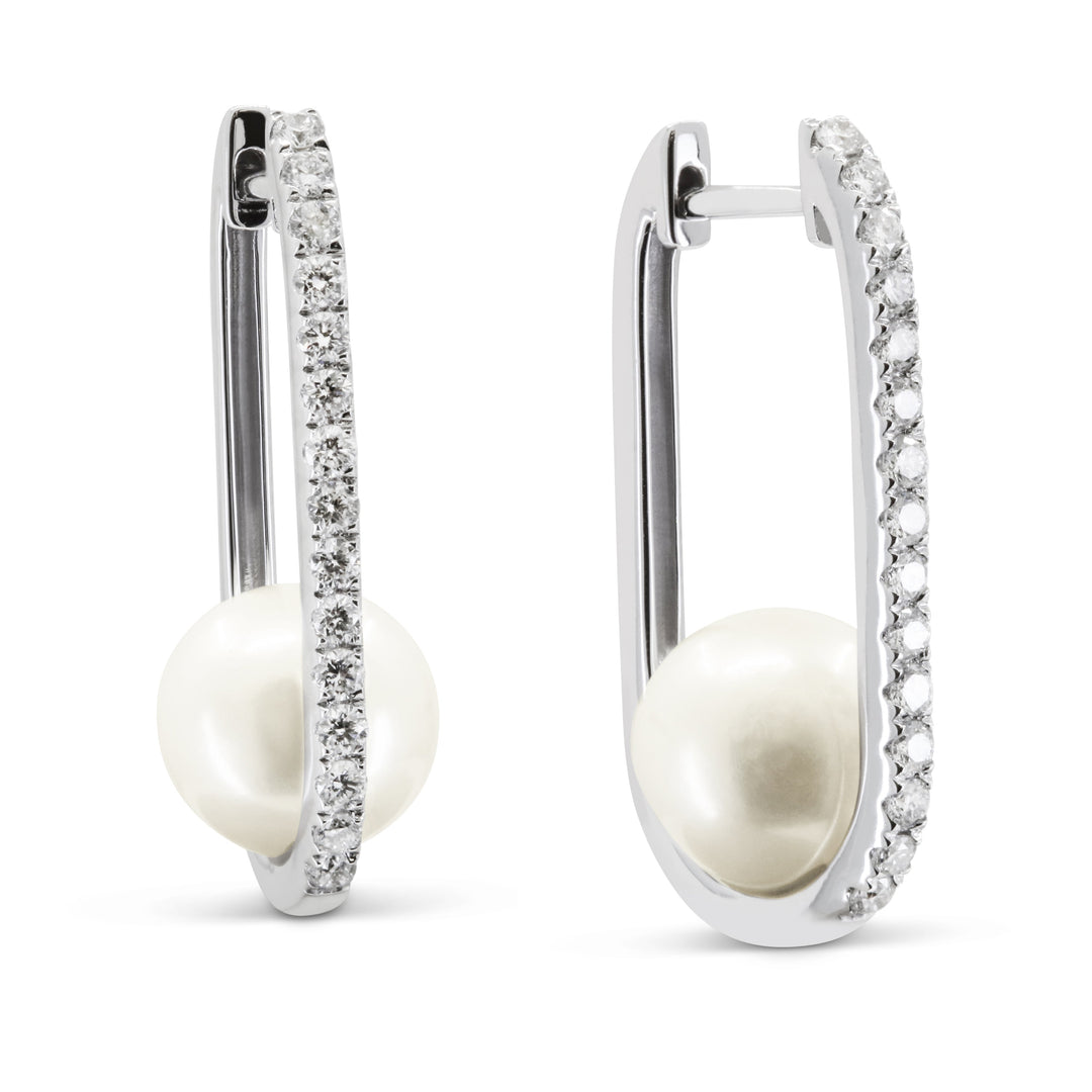 Beautiful Hand Crafted 14K White Gold 9MM Pearl And Diamond Milano Collection Hoop Earrings With A Hoop Closure