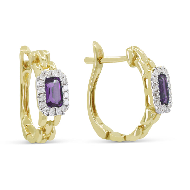 Beautiful Hand Crafted 14K Yellow Gold 3x5MM Amethyst And Diamond Essentials Collection Hoop Earrings With A Hoop Closure