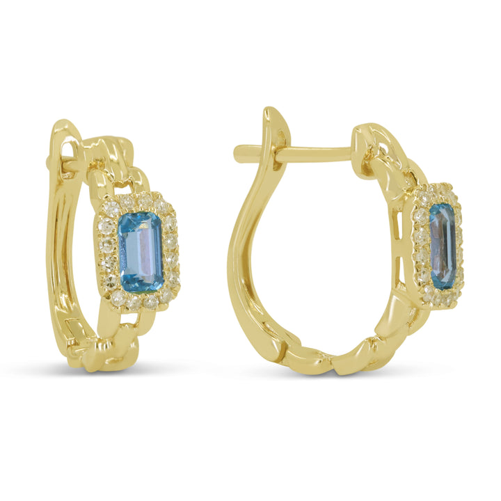 Beautiful Hand Crafted 14K Yellow Gold 3x5MM Blue Topaz And Diamond Essentials Collection Hoop Earrings With A Hoop Closure