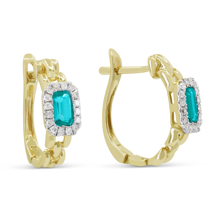 Beautiful Hand Crafted 14K Yellow Gold 3x5MM Created Tourmaline Paraiba And Diamond Essentials Collection Hoop Earrings With A Hoop Closure