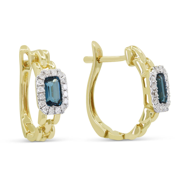 Beautiful Hand Crafted 14K Yellow Gold 3x5MM London Blue Topaz And Diamond Essentials Collection Hoop Earrings With A Hoop Closure