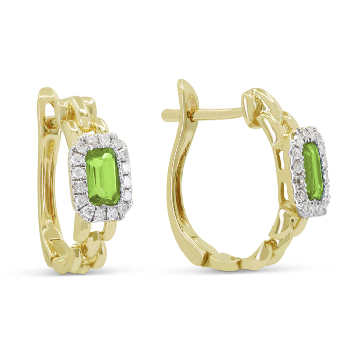 Beautiful Hand Crafted 14K Yellow Gold 3x5MM Peridot And Diamond Essentials Collection Hoop Earrings With A Hoop Closure