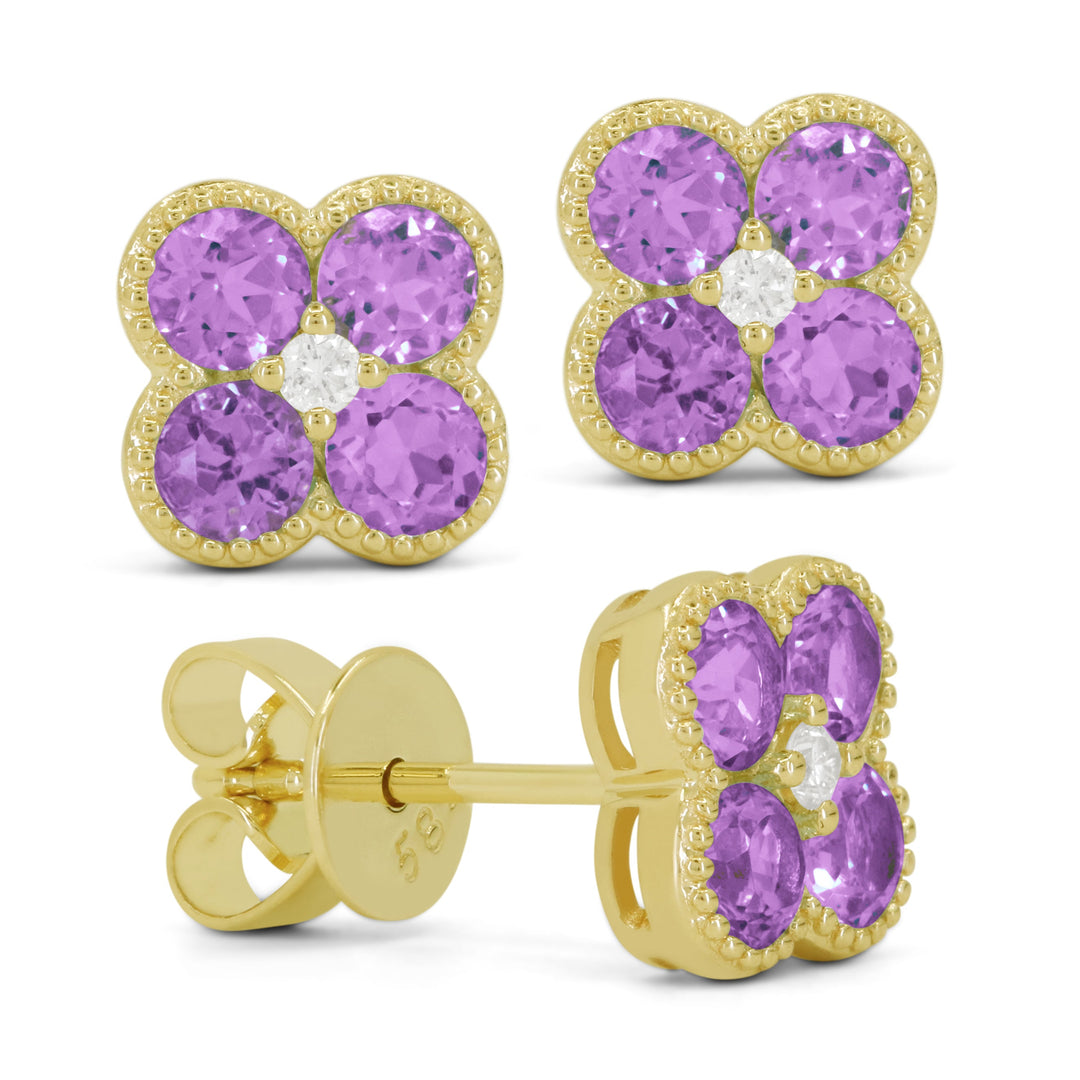 Beautiful Hand Crafted 14K Yellow Gold 3MM Amethyst And Diamond Essentials Collection Stud Earrings With A Push Back Closure