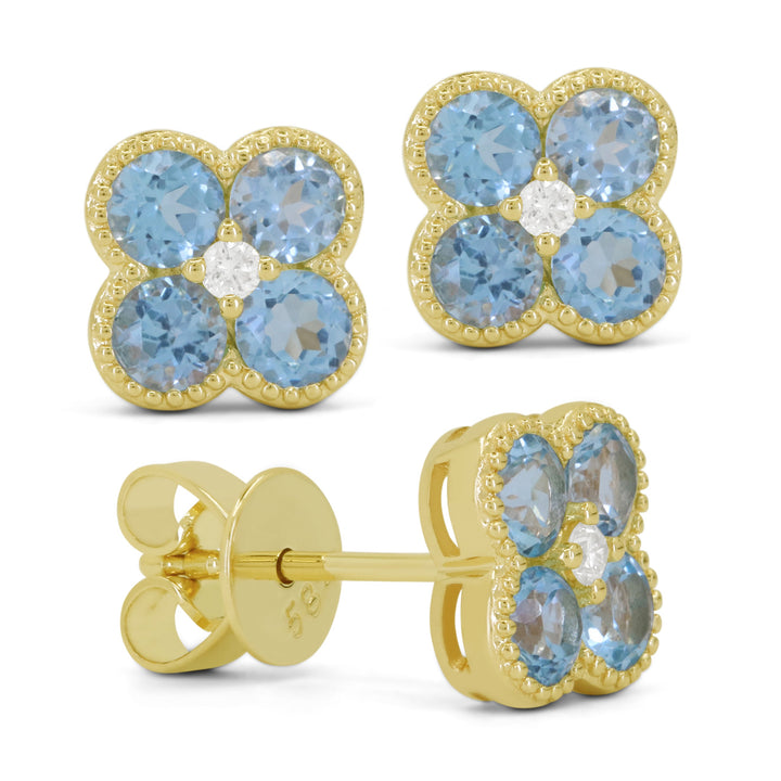 Beautiful Hand Crafted 14K Yellow Gold 3MM Blue Topaz And Diamond Essentials Collection Stud Earrings With A Push Back Closure