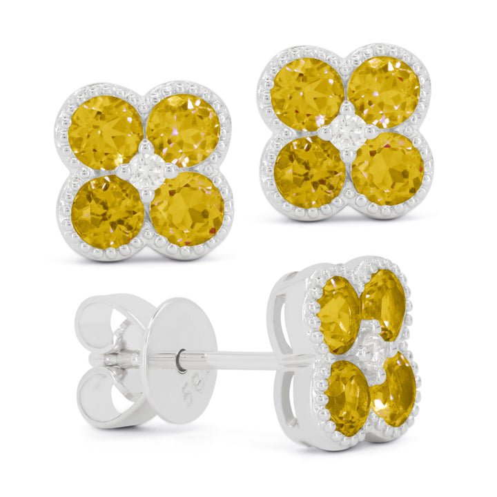 Beautiful Hand Crafted 14K White Gold 3MM Citrine And Diamond Essentials Collection Stud Earrings With A Push Back Closure