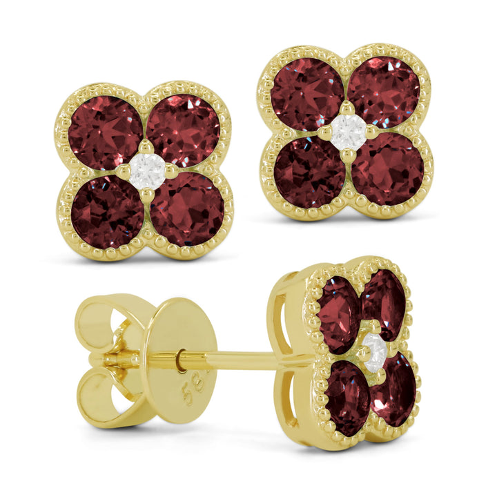 Beautiful Hand Crafted 14K Yellow Gold 3MM Garnet And Diamond Essentials Collection Stud Earrings With A Push Back Closure