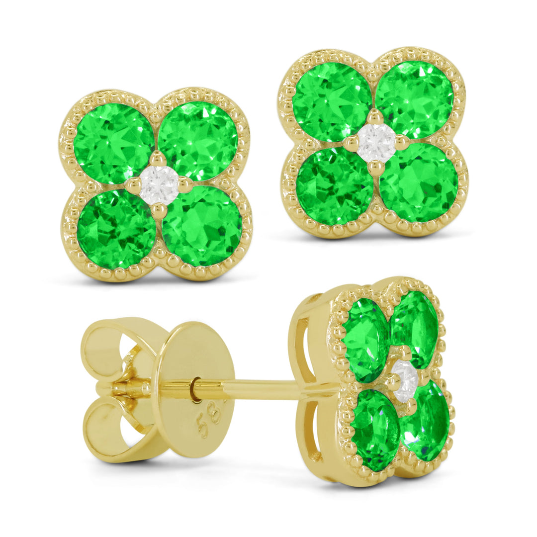 Beautiful Hand Crafted 14K Yellow Gold 3MM Created Emerald And Diamond Essentials Collection Stud Earrings With A Push Back Closure