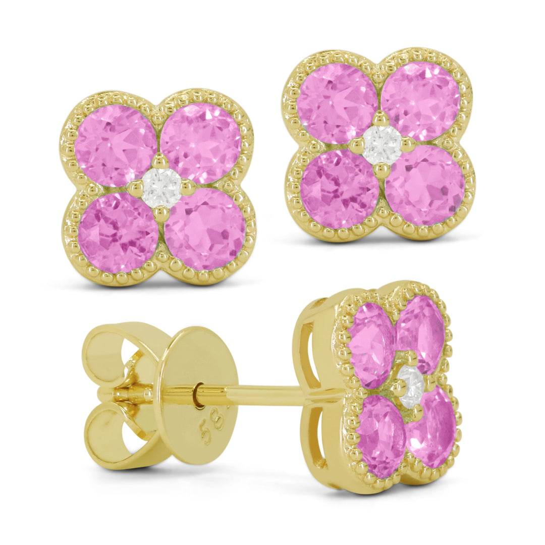 Beautiful Hand Crafted 14K Yellow Gold 3MM Created Pink Sapphire And Diamond Essentials Collection Stud Earrings With A Push Back Closure