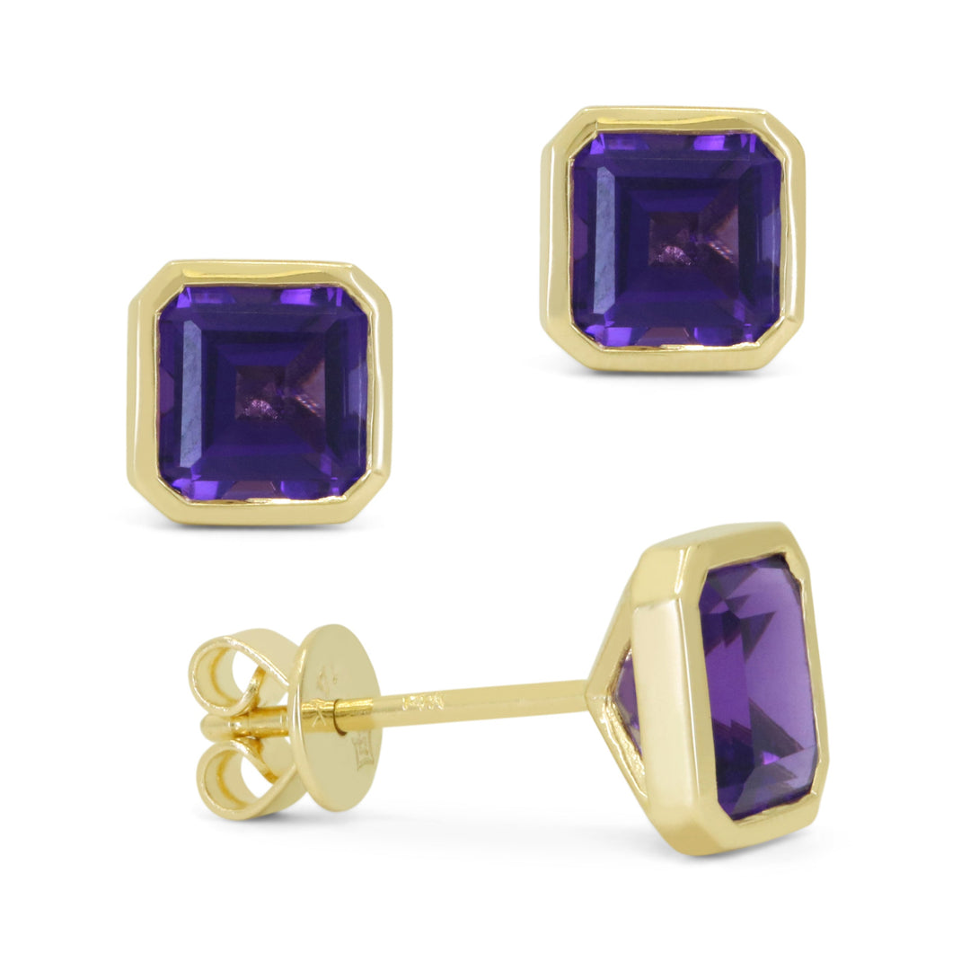Beautiful Hand Crafted 14K Yellow Gold 6x6MM Amethyst And Diamond Essentials Collection Stud Earrings With A Push Back Closure