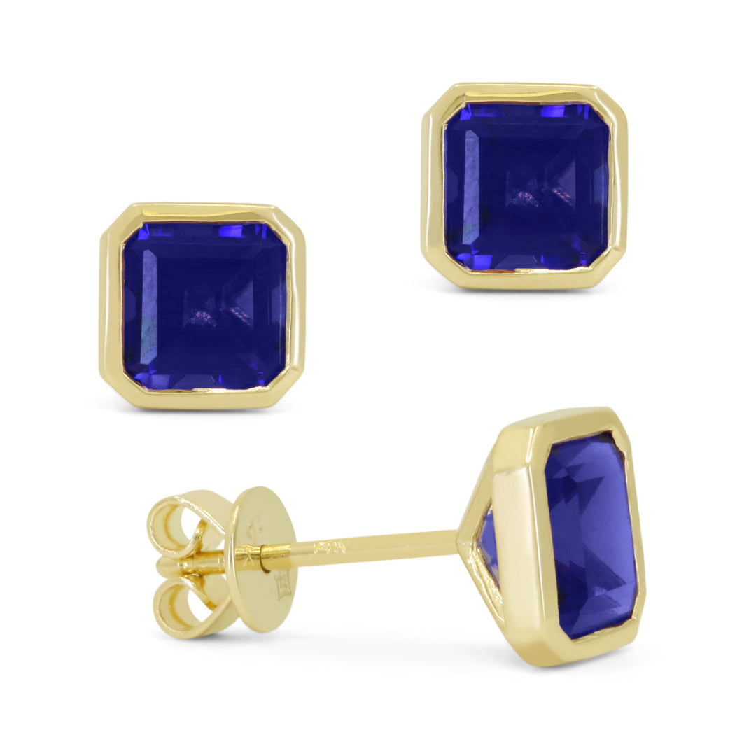 Beautiful Hand Crafted 14K Yellow Gold 6x6MM Created Sapphire And Diamond Essentials Collection Stud Earrings With A Push Back Closure