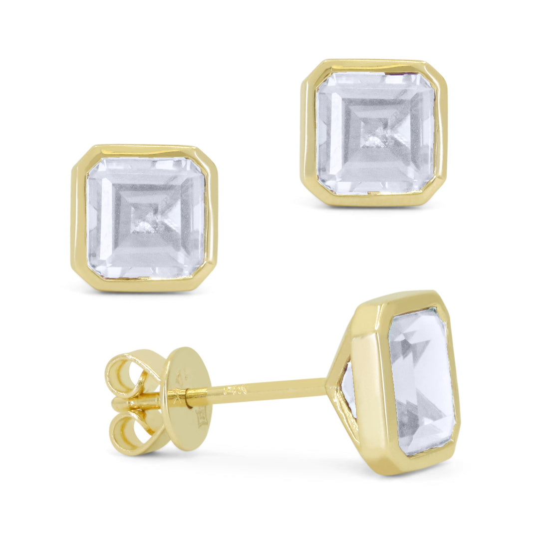 Beautiful Hand Crafted 14K Yellow Gold 6x6MM White Topaz And Diamond Essentials Collection Stud Earrings With A Push Back Closure