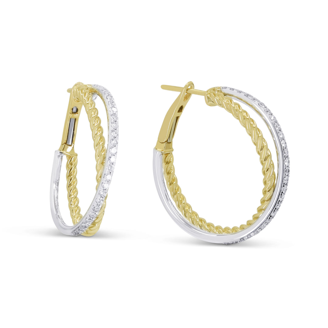 Beautiful Hand Crafted 14K Two Tone Gold White Diamond Milano Collection Hoop Earrings With A Hoop Closure