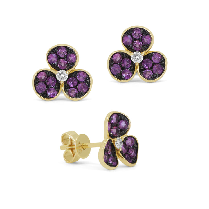 Beautiful Hand Crafted 14K Yellow Gold  Pink Sapphire And Diamond Arianna Collection Stud Earrings With A Push Back Closure