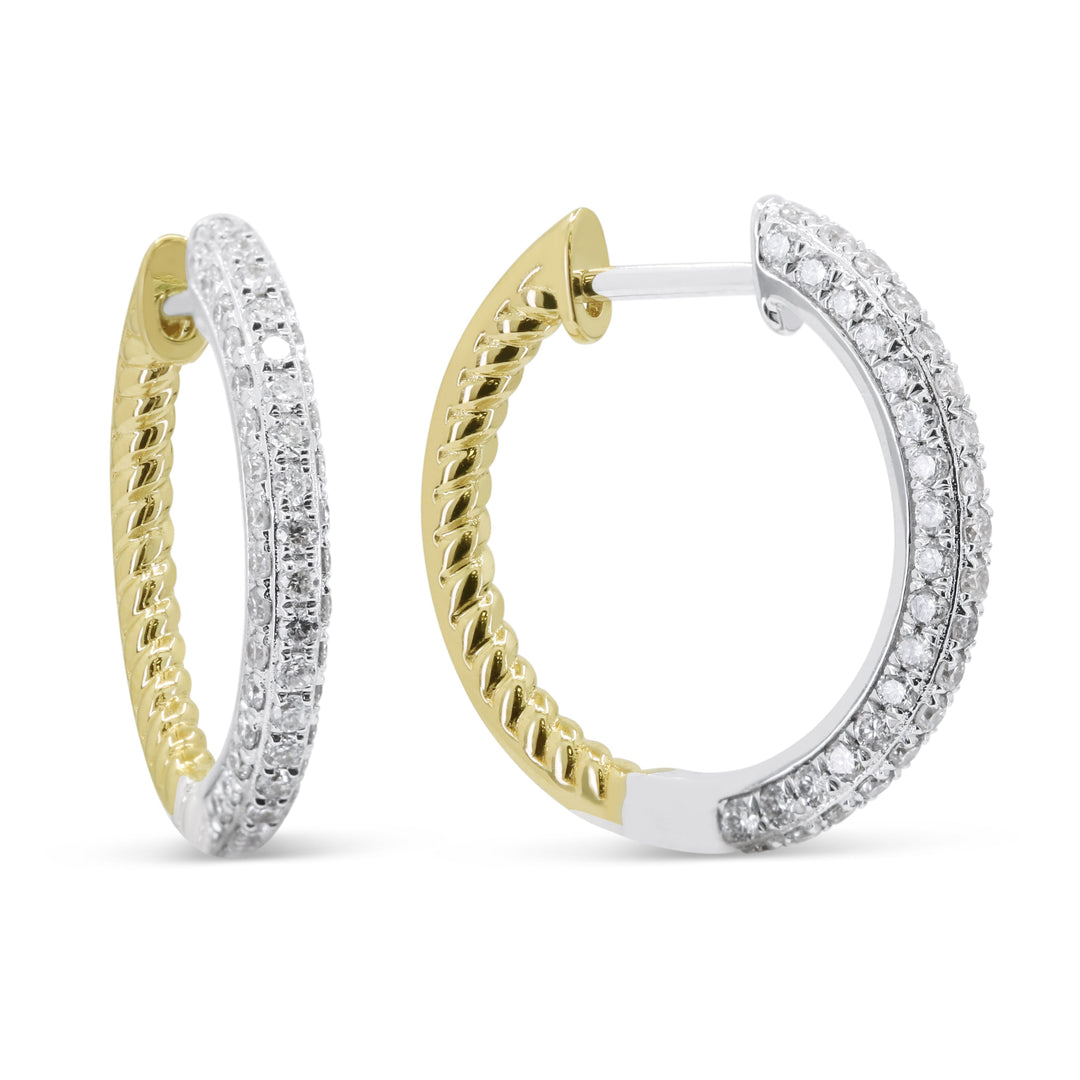 Beautiful Hand Crafted 14K Two Tone Gold White Diamond Milano Collection Hoop Earrings With A Hoop Closure